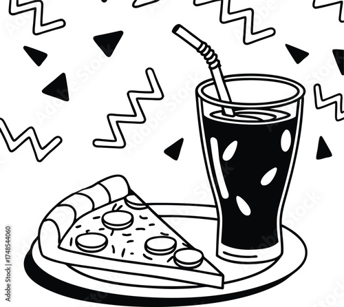 A classic pizza slice and refreshing soda drink on a plate with playful geometric shapes