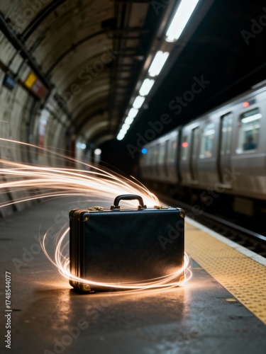 Mysterious Briefcase in Subway Tunnel with Light Streaks – Thriller Suspense Scene