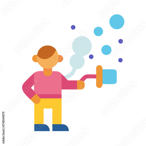 Flat vector illustration of person blowing bubbles on black background