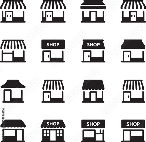 minimal storefront icon set 16 retail building silhouettes black white vector eps ai for logos signage