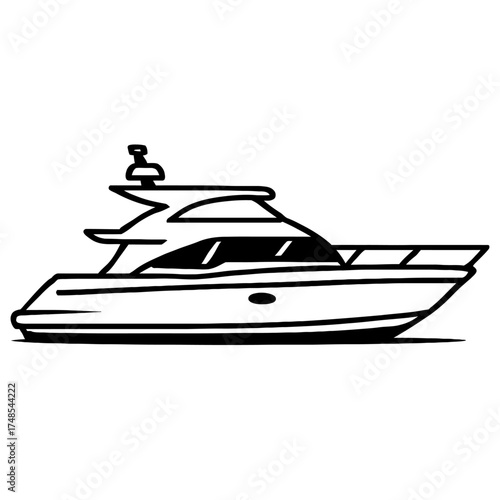 Modern luxury motor yacht vector line art illustration. This sleek, high-end marine vessel graphic perfectly embodies sophisticated boating, ocean leisure, and elegant watercraft design