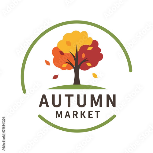 Autumn market emblem festive fall tree symbol seasonal shopping event circle logo vector