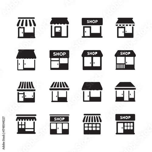 16 shop facade icons vector grid line art storefronts awnings windows doors for ui mockups and print