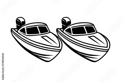 Dynamic Duo of Speedboats Vector Art Illustration: Classic Black and White Outline Design Featuring Two Modern Motorboats with Powerful Outboard Engines, Perfect for Water Sports, Marine Recreation