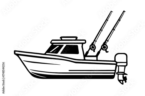 Detailed vector illustration of a small sport fishing boat with a powerful outboard motor and two fishing rods mounted, perfect for marine recreation and angling enthusiasts, showcasing modern design 