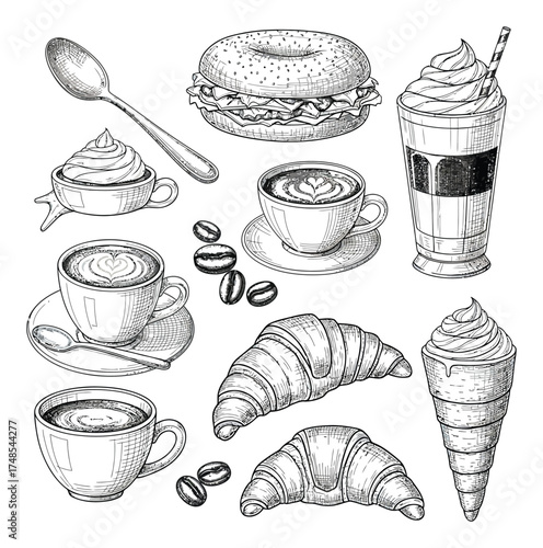 Delicious Hand Drawn Coffee Shop Breakfast Items and Sweet Treats Collection