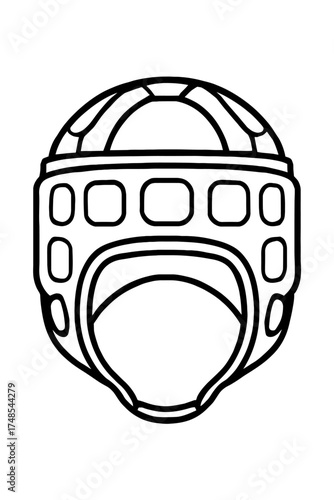 Minimalist black and white line art illustration of protective headgear for combat sports, ideal for boxing, martial arts, and training. This vector graphic depicts essential safety equipment