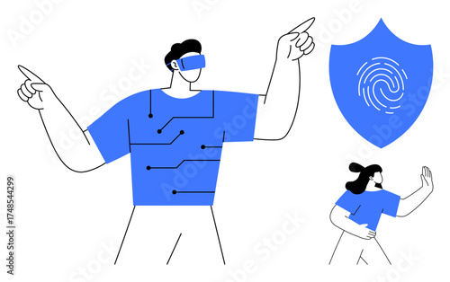 Man wearing VR headset extends arms with circuit pattern on shirt, shield with fingerprint symbol nearby, and small female figure interacting. Ideal for VR, tech innovation, cybersecurity, digital
