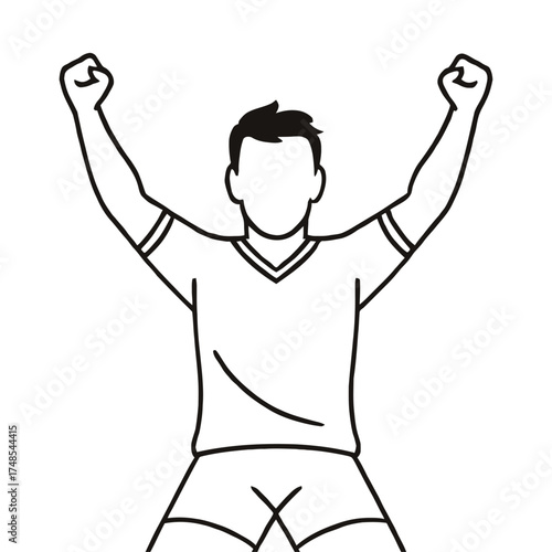 Outline illustration of a triumphant male athlete or fan celebrating victory with raised fists, embodying success, achievement, and sportsmanship. Perfect for concepts of winning, motivation