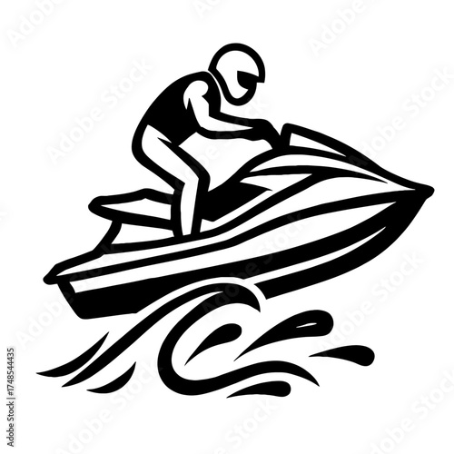 Dynamic Jet Ski Rider on Water - High-Speed Personal Watercraft Action Icon - Thrilling Aquatic Sport Vector Art - Summer Recreation Adventure Graphic Design Element for Websites, Apparel, Logos, Mark