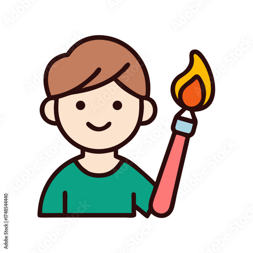 Boy holding a flaming torch in a flat illustration
