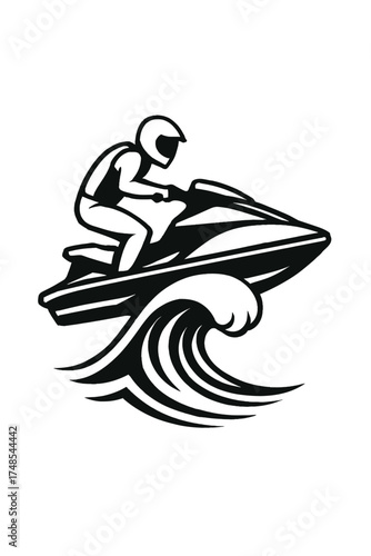 Dynamic Black & White Illustration of a Jet Ski Rider Surfing a Powerful Ocean Wave, Capturing the Thrill of Water Sports and Summer Adventure – Ideal for Decals, Apparel, and Marketing.