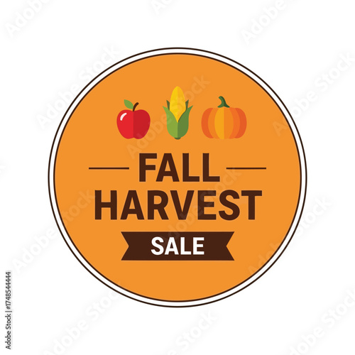 Autumn harvest sale circular emblem with apple corn and pumpkin iconography vector