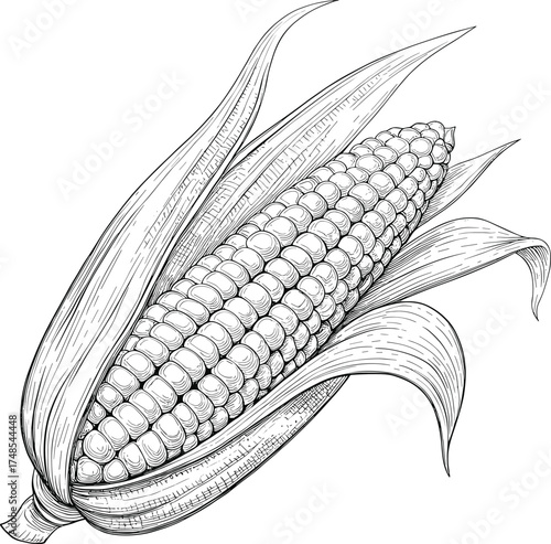 Fresh ear of corn on the cob with husks partially peeled