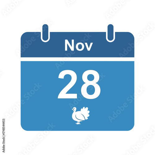 November 28th calendar icon thanksgiving holiday celebration date reminder icon vector