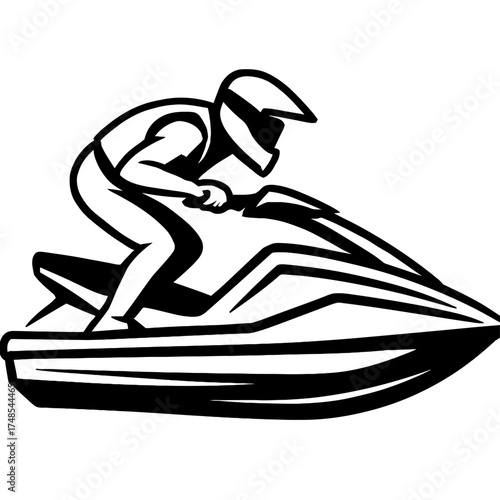 Dynamic Jet Ski Rider Silhouette Illustration – Striking Black and White Vector Art Depicting Thrilling Watersports Action, Ideal for Logos, Graphics, and Watercraft Enthusiasts.