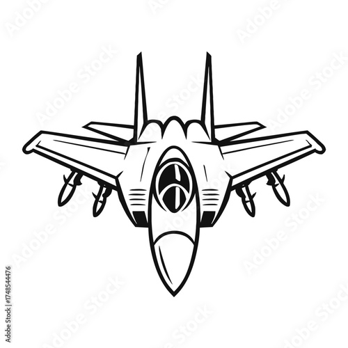 A bold, detailed vector illustration of a modern fighter jet, showcasing its powerful design and military precision from a direct frontal view, complete with underslung missiles