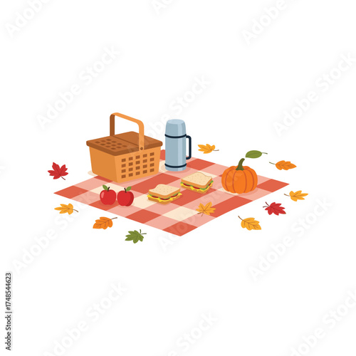 Cozy autumn picnic spread with basket sandwich thermos pumpkin leaves vector