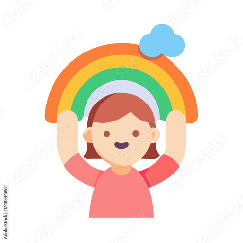 Cartoon girl holds rainbow with cloud flat vector graphic