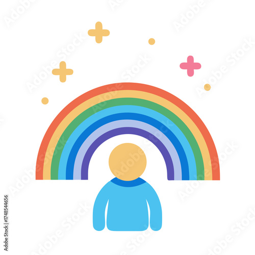 Person standing under a colorful rainbow with star decorations