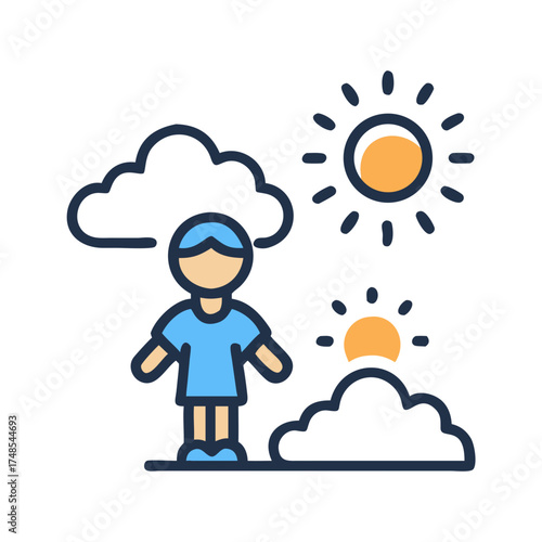 Child figure with weather icons in minimalist flat design