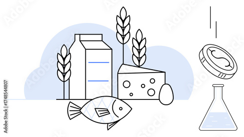 Milk carton, cheese, egg, fish, grain stalks, coin, and lab flask highlight food, agriculture economy and nutrition. Ideal for health diet farming sustainability research finance themes