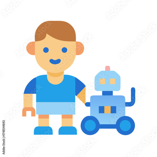 Boy and Robot Friends Flat Design Graphic on Black
