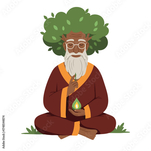 Elderly man meditating under a tree holding a glowing leaf.