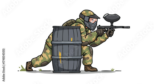 Paintball player hiding behind barrel aiming gun.
