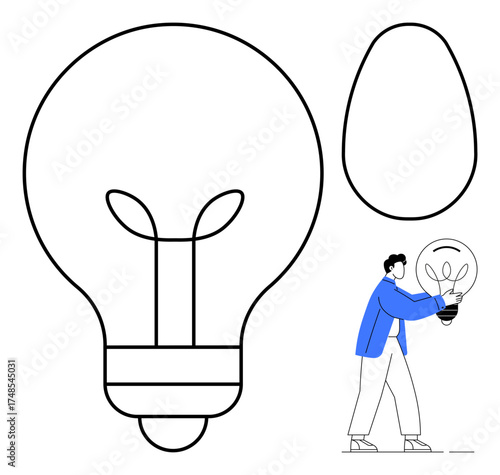 Oversized light bulb with plant, minimal human figure holding bulb, abstract shapes. Ideal for creativity, sustainability, innovation, green energy, clean tech, environmentalism brainstorming