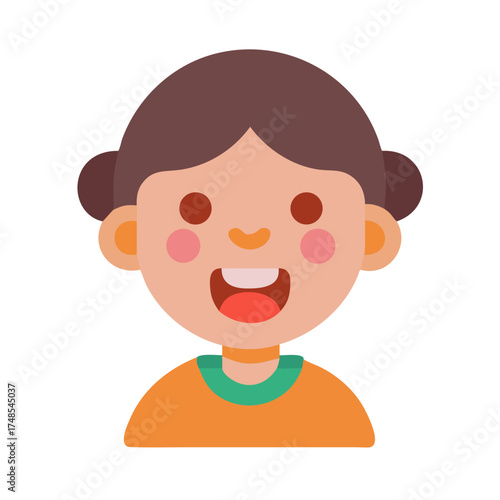 Joyful girl character with brown hair and orange clothes