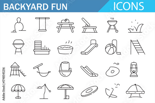 Backyard Fun Icons - Collection of simple outline icons representing swings, slides, BBQ grills, beach umbrellas, and more for outdoor activities and family fun