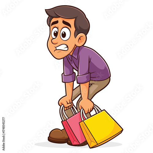 Stressed Cartoon Man With Shopping Bags, Funny Tired Man Cartoon, Exhausted Cartoon Shopper, Tired Cartoon Man Carrying Heavy Shopping Bags