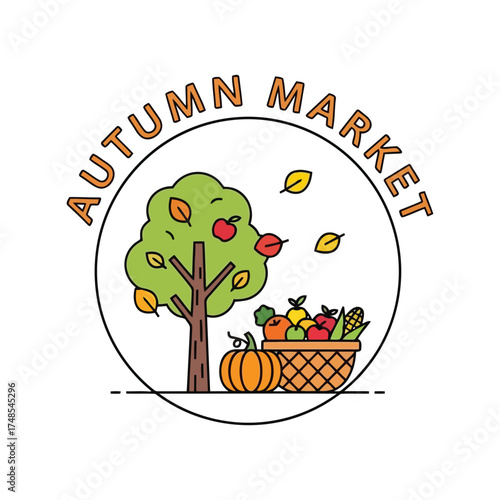 Autumn harvest market circular icon tree pumpkin basket fresh produce fall season vector