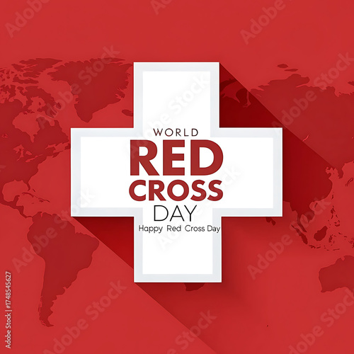 World red cross day celebration with red cross symbol and world map background