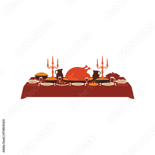 Festive holiday dinner table setting with roasted turkey and side dishes vector