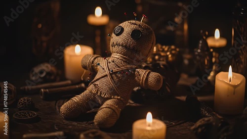 Creepy Voodoo Doll Surrounded by Flickering Candles and Mystical Objects in a Dimly Lit Chamber with Dramatic Lighting and Shallow Depth of Field