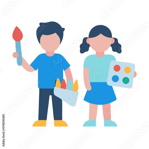 Children illustrating ideas using brushes and paint in cartoon art