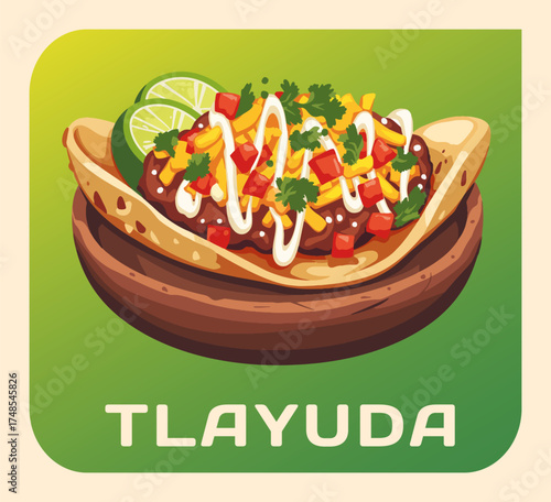 Vibrant vector illustration of Tlayuda, a traditional Oaxacan dish. Crispy base generously topped with a flavorful combination of meat, beans, cheese, salsa, and fresh vegetables. Festive cartoon icon