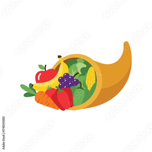 Abundant cornucopia overflowing with fresh fruits and vegetables harvest symbol vector