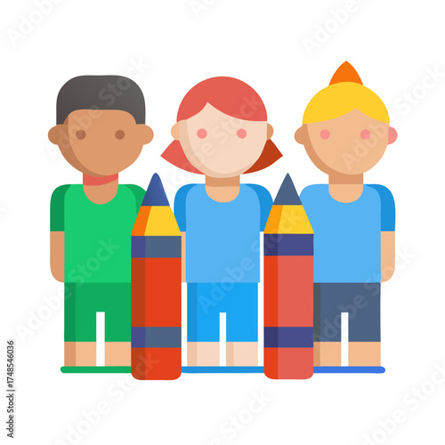 Diversity of pupils or students with large colored pencils