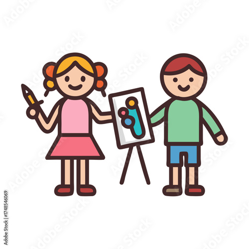 Cheerful kids painting artwork on canvas vector illustration design