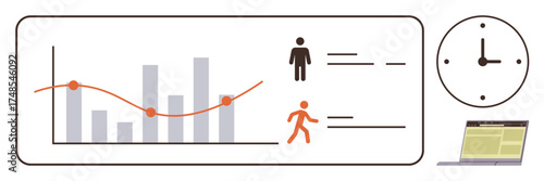 Graph with bar chart and line, user profile icons, analog clock, and laptop screen. Ideal for analytics, progress tracking, productivity, time management, business growth team performance simple