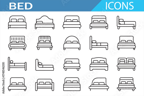 Collection of Bedroom Bed Icons with Different Layouts and Mattress Designs