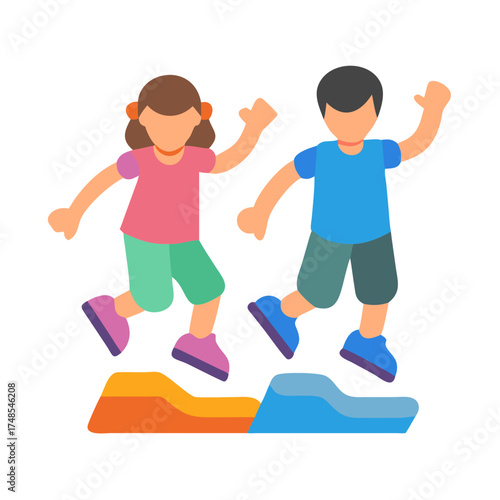 Two children playing on colorful abstract blocks, vector illustration