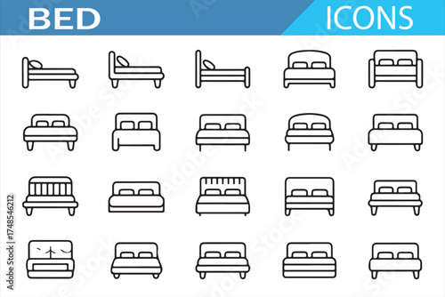 Vector Set of Bed Icons in Various Configurations for Bedroom Interiors