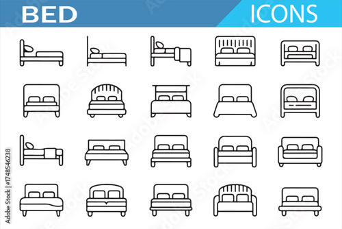 Stylish Bed Icon Set for Bedroom Furniture with Various Designs and Layouts