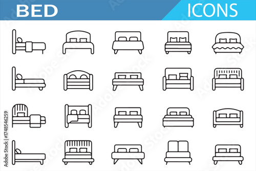 Set of Vector Bed Icons Featuring Different Designs and Mattress Styles