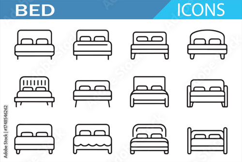 Collection of Bed Icons with Various Designs for Bedroom Furniture and Decor