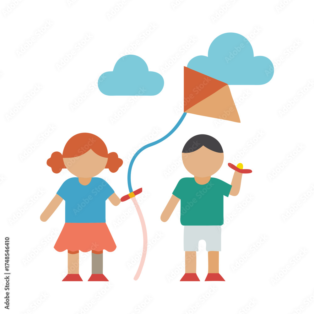 Fototapeta premium Children playing with a kite on a black background